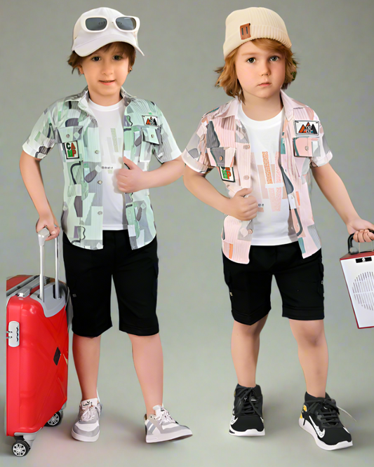 Lagorii Boys' Printed Pure Cotton Shirt & Shorts Set – Stylish & Comfortable Casual Wear